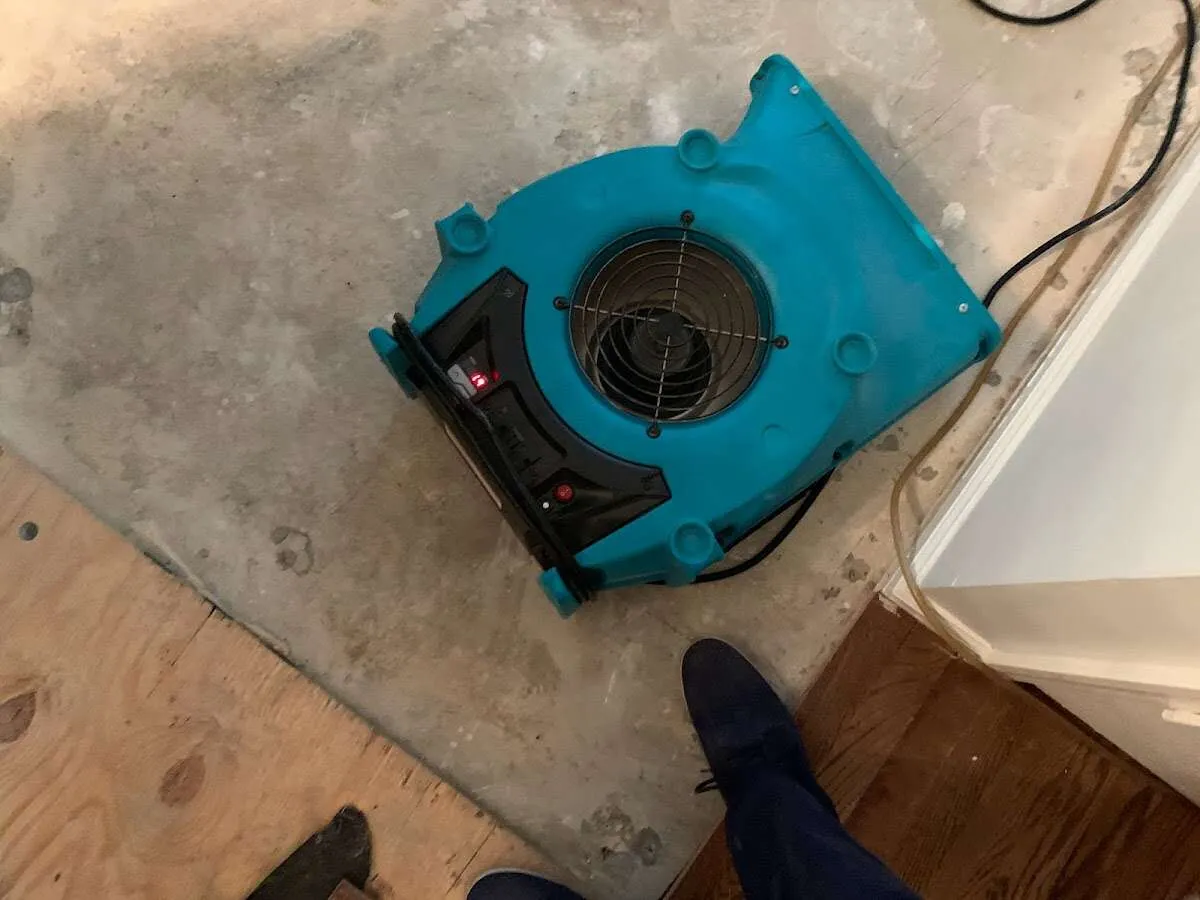 Air mover drying subfloor during Leak Detection & Repair in Papillion
